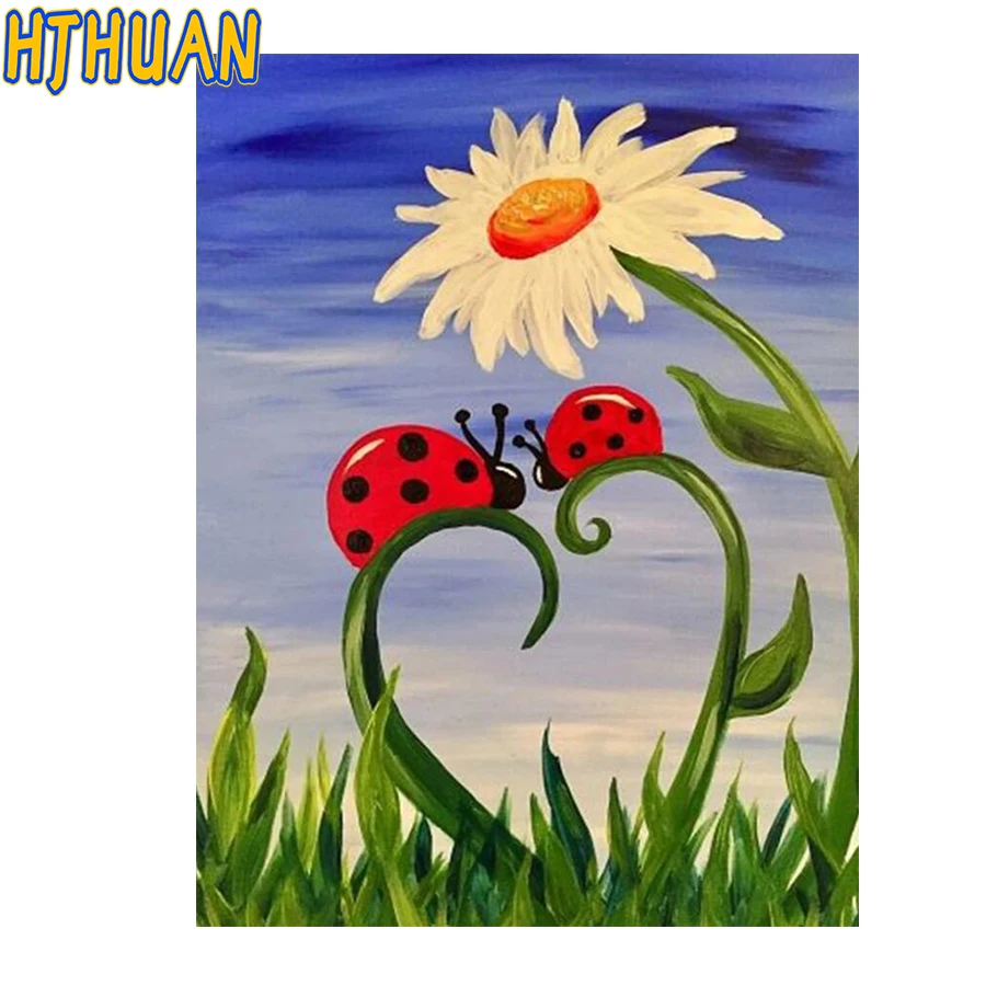 DIY Full Round Drill Diamond Painting Two Ladybugs and sunflower Mosaic Kit Rhinestone Drawing Picture Home Decoration Art Craft