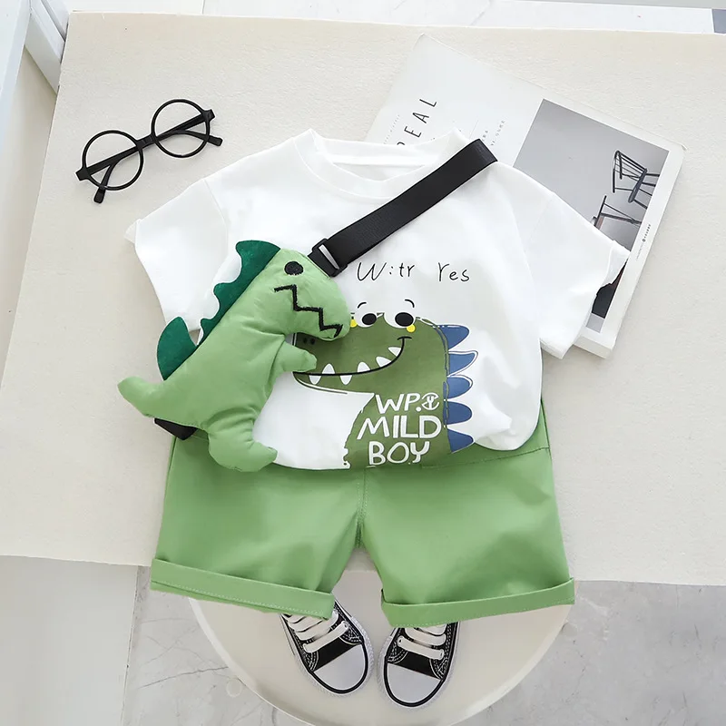 Summer Casual Baby Fashions Clothing Suit New Children Sports Suit Cartoon Dinosaur Bag T-Shirt+Shorts 3Pcs/Sets Kids Clothes