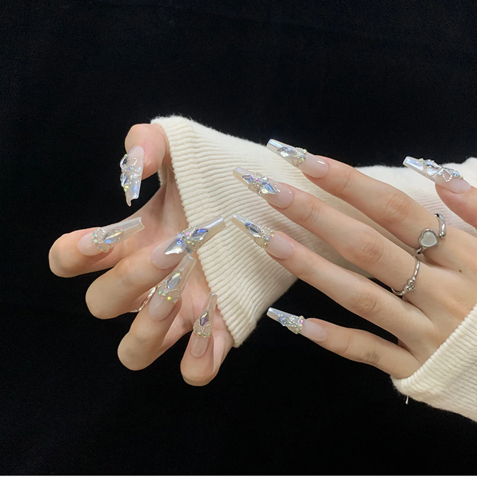 Clear Aurora Fake Nails with Rhinestone Lightweight and Easy to Stick Fake Nail for Hot Girl Dress Matching