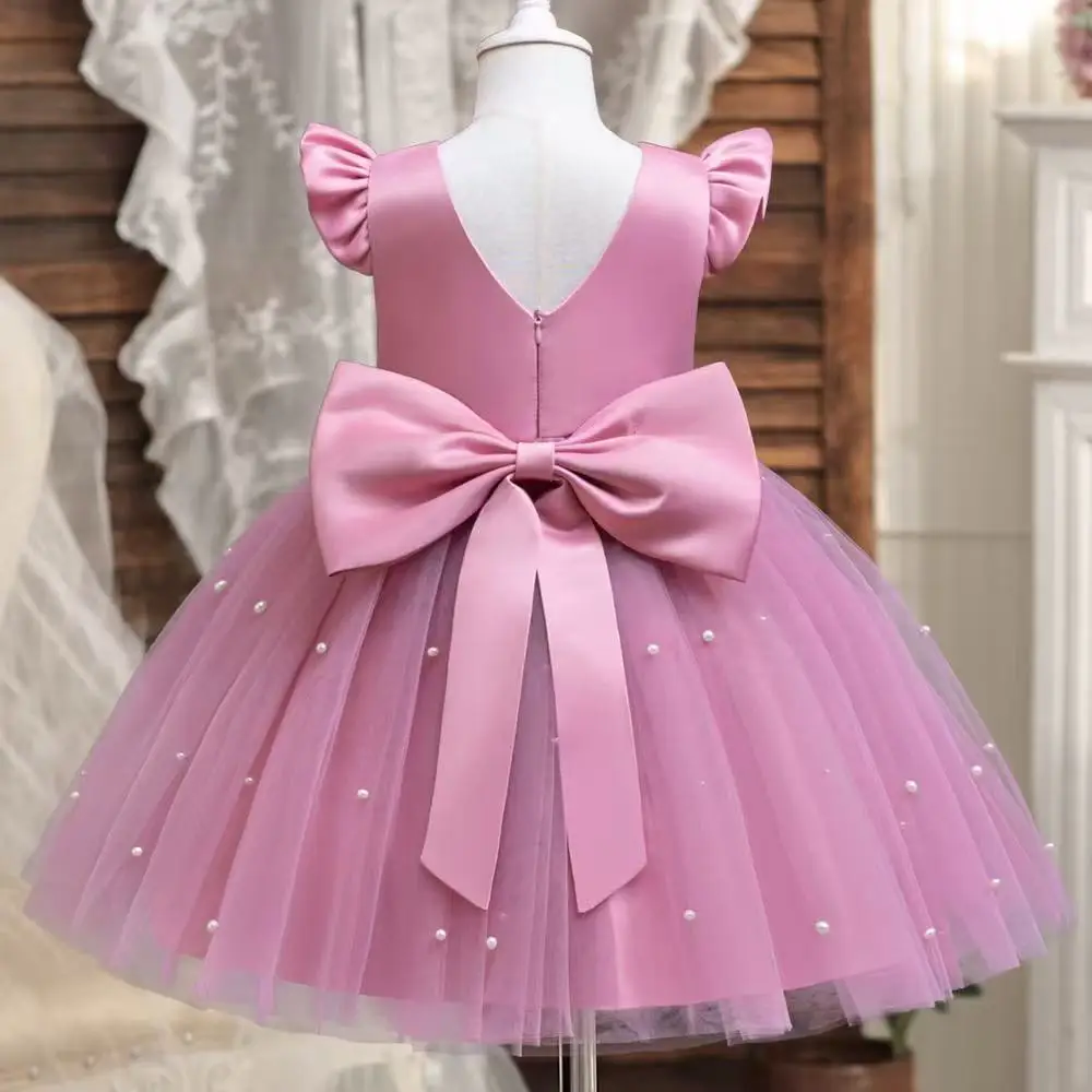 

New Girls' Korean-style Formal Dress Sleeves pearl-embellished Tulle princess Skirt Open Back Bow Detail Piano Recital Attire