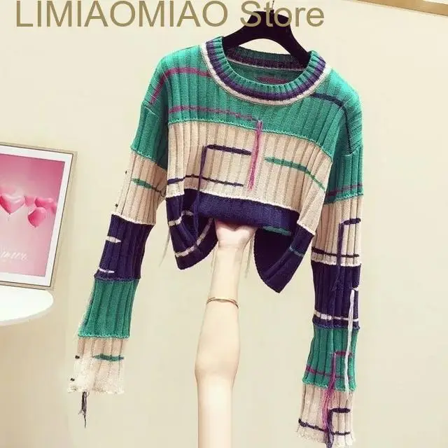 New Patchwork Tassel High Street O-Neck Acrylic Knitted Long Sleeve Women's Sweater Fashion Chic Pullover Sweaters Autumn