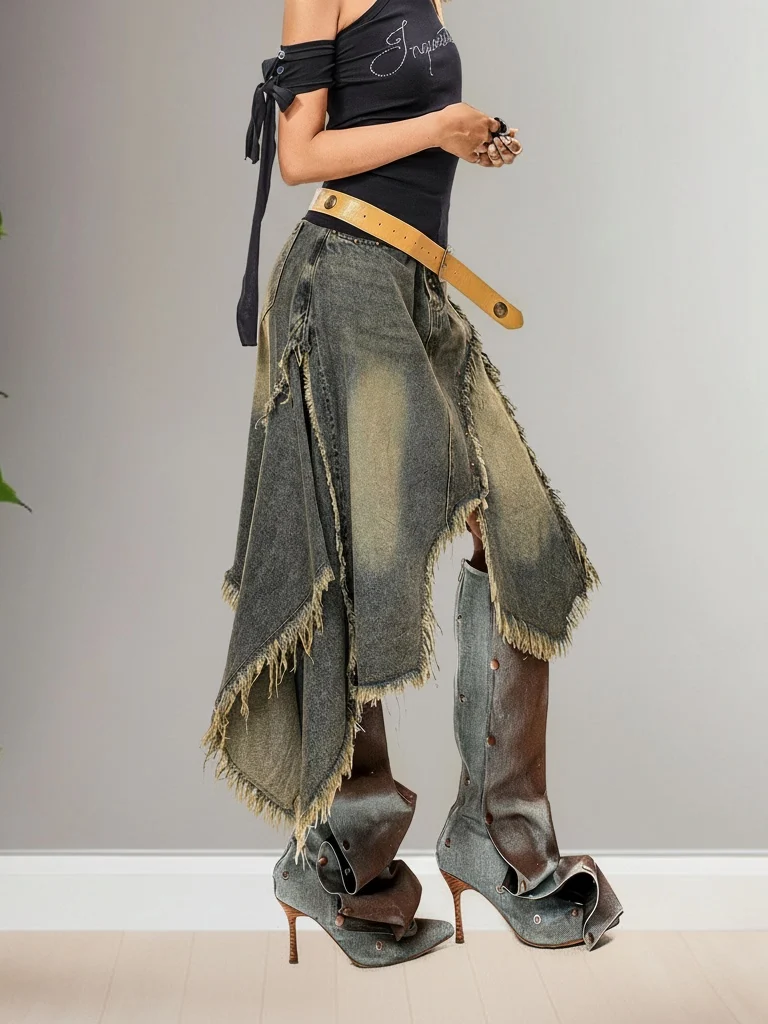 

Retro Washed Denim Skirt Asymmetrical High Waist A-Line Skirt for Women Summer Casual Style with Pockets Non-Stretch