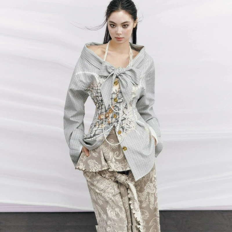 

American Vintage Elegance Stylish Printed Shirt for Women 2026 Spring Autumn New Style Lapel Detachable Collar Checkered Shirt