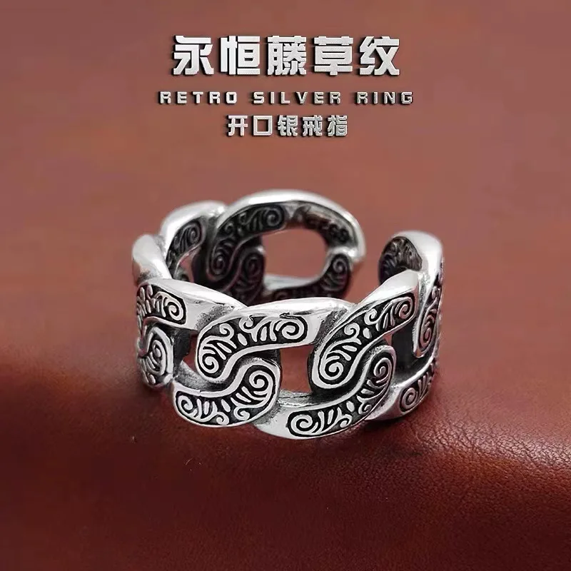 QEENKISS 925 Sterling Silver Ring for Men Vintage Punk Tang Grass Adjustable Ring Fine Jewelry Wedding Party Groom Gift RG6951