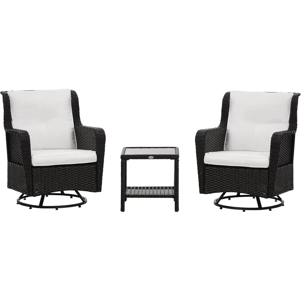 

Cream White 3-Piece Wicker Outdoor Bistro Set with Glass Coffee Table and Swivel Chairs for Patio, Balcony, or Garden