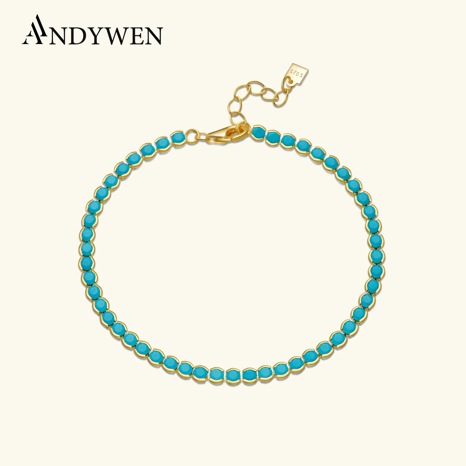 

ANDYWEN 925 Sterling Silver Gold Turquoise 2mm BeadsTennis Cubic Zirconia Round Briliant Bracelet Long Women Fine Jewelry