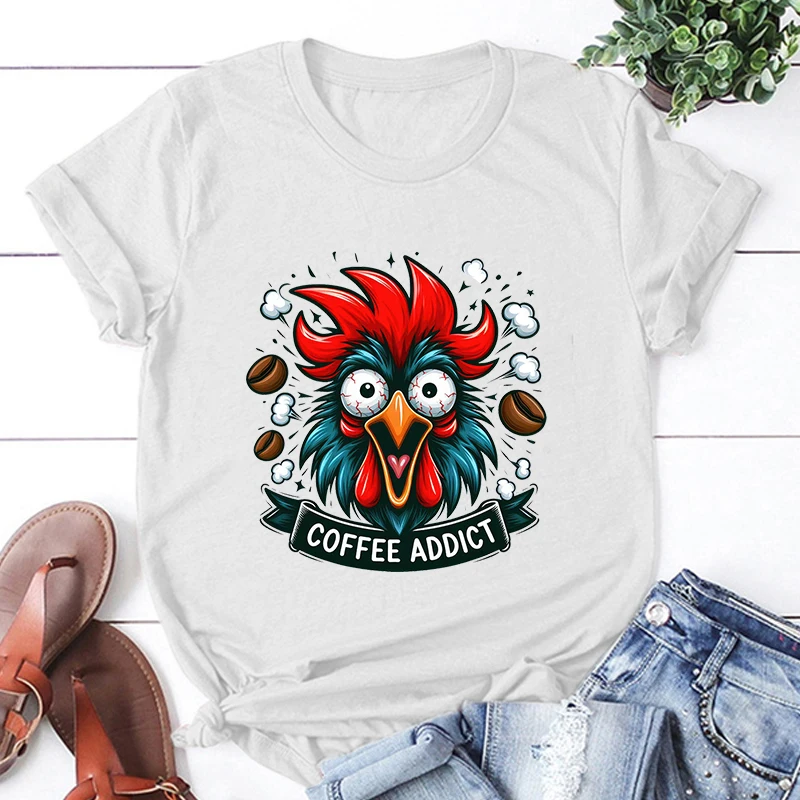 Funny Chicken Coffee Addict Print T-Shirt Men Women Loose Short Sleeve Round Neck Top Unisex Casual Shirt Tees