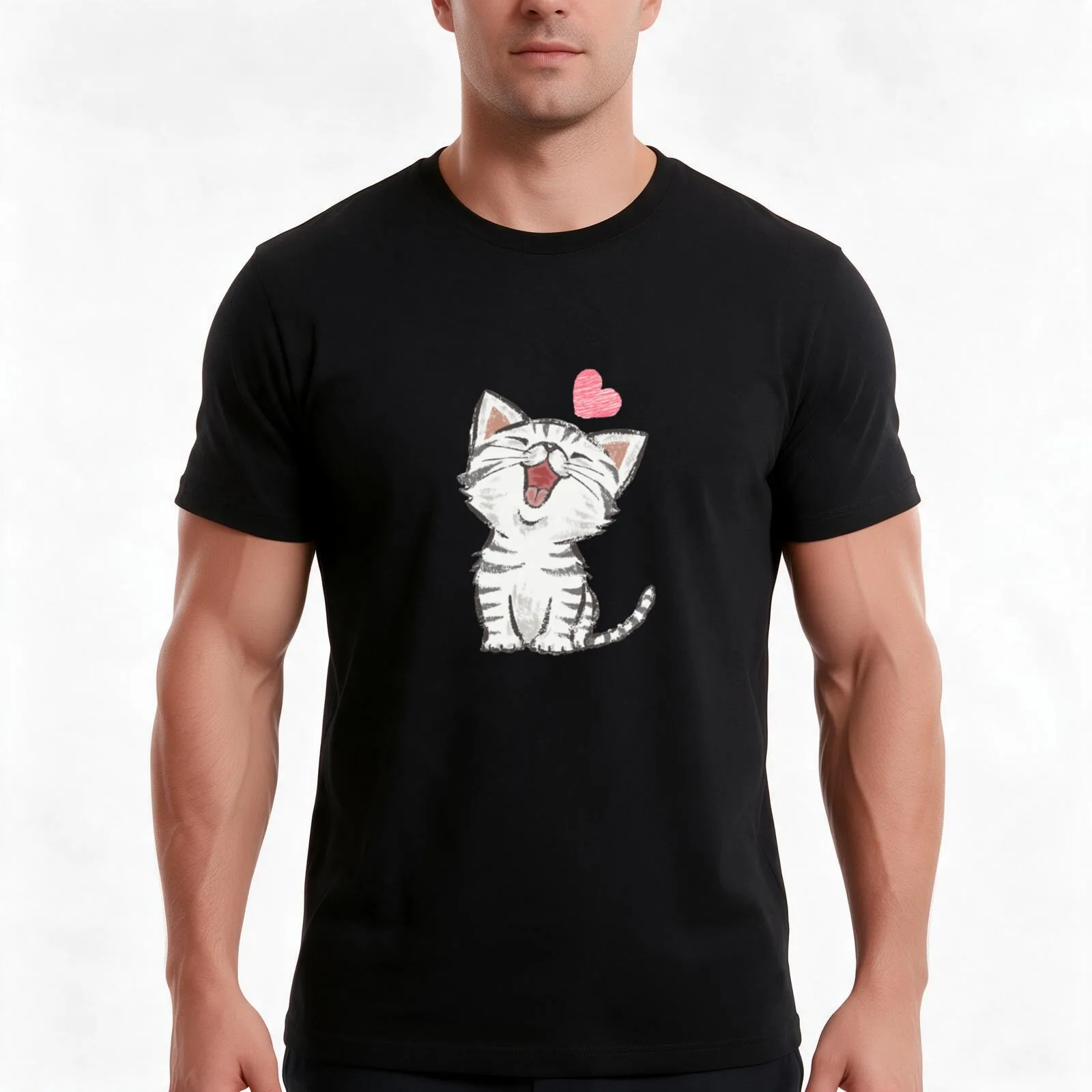 Smile happy cat always happy art T-Shirt, Summer Casual Cotton Tee, Oversized Streetwear Tops, Vintage Graphic Print