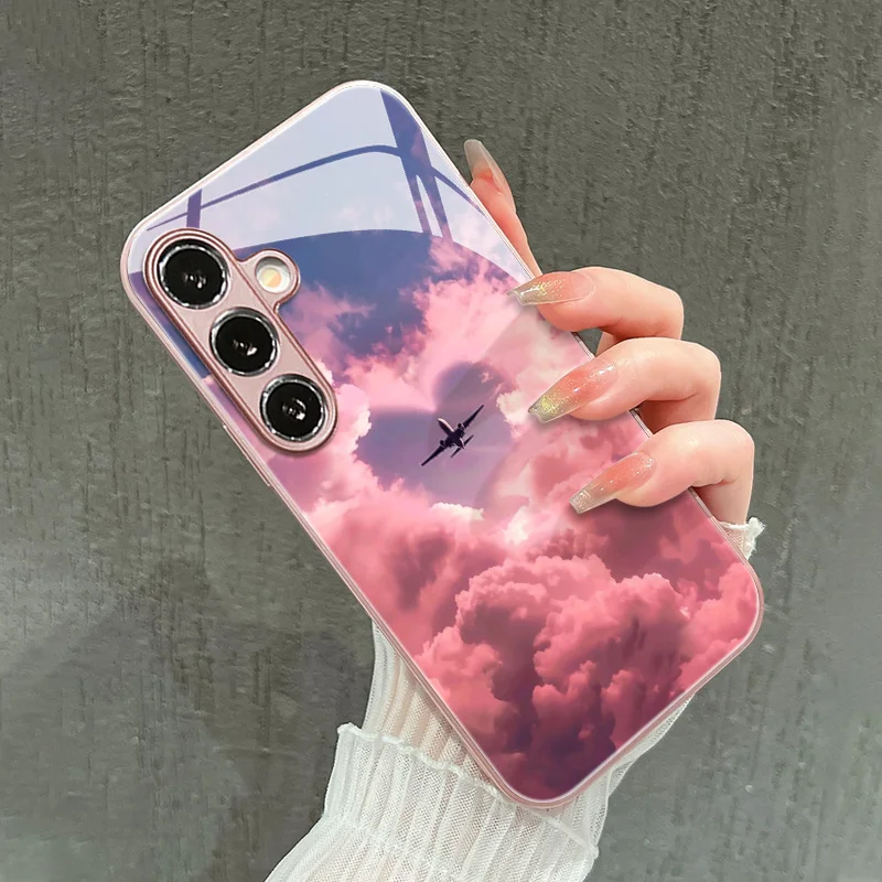 Love airplane pattern glass phone case suitable for Samsung Galaxy S26 S25 S24 S23 S22 S20 FE/Ultra/Plus anti fall back cover