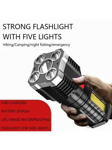 5LED High Power Led Flashlights Rechargeable Camping Spotlight with Side Light 3 Lighting Modes for Camping Adventure Outdoor