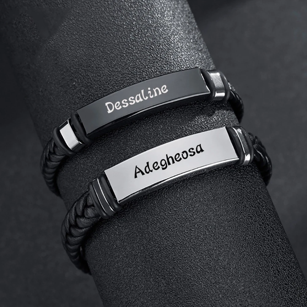 

Браслет с гравировкой на заказ, кожаный браслет-косичка для мужчин, браслеты из нержавеющей стали в стиле хип-хоп и рок, ювелирное украшение, подарок