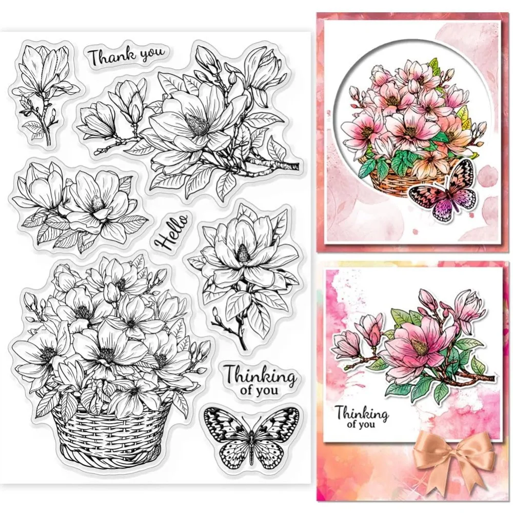 Magnolia Flower Basket Clear Stamps for DIY Scrapbooking Butterfly Silicone Clear Stamp Seals Transparent Stamps for Cards