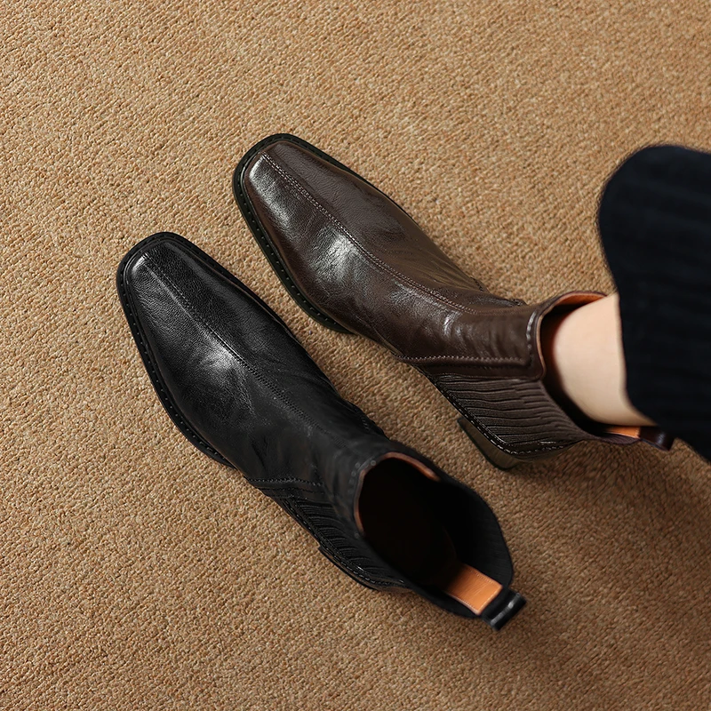 

2026 новые осенне-зимние женские ботильоны из натуральной кожи, ботинки челси из овчины высотой 22-24,5 см + ткань с квадратным носком и толстым каблуком