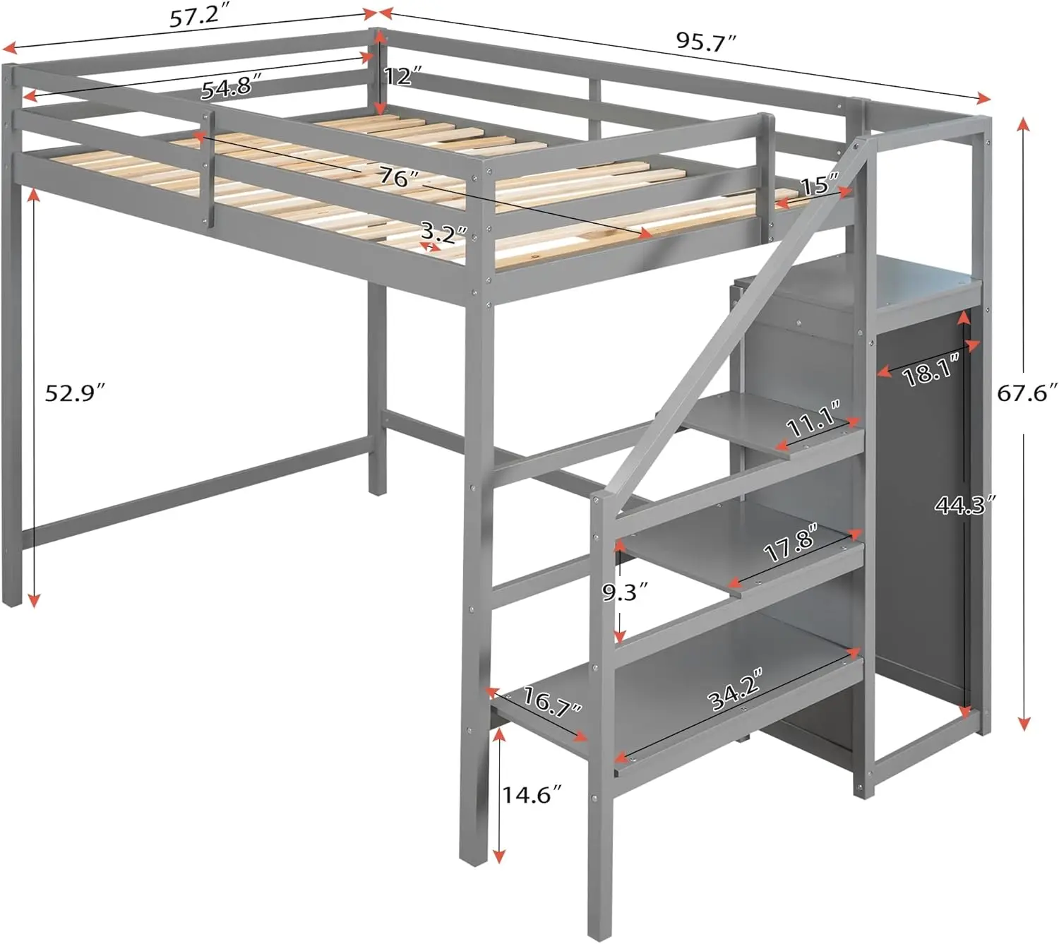 Modern Full Size Loft Bed With Built-In Storage Wardrobe And Staircase, Solid Wood Loft Bed Frame With Safety Guard Rail,