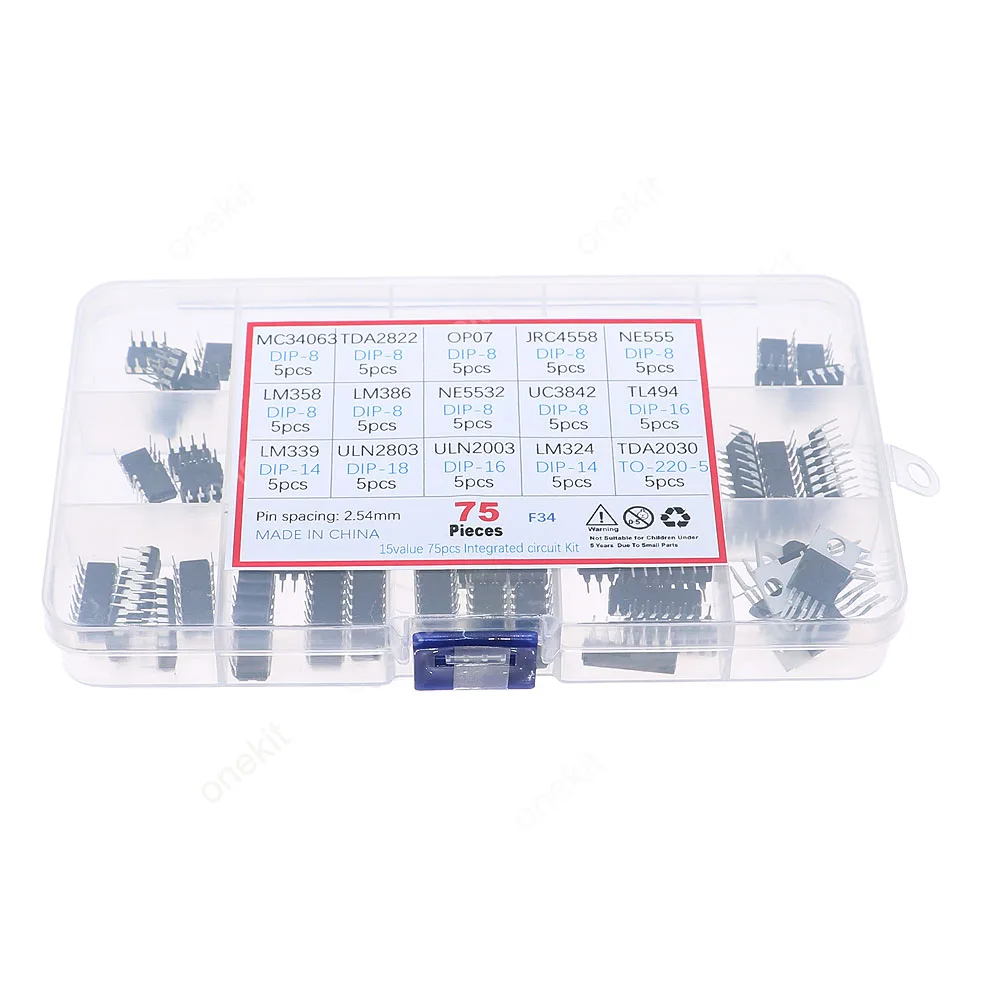 75pcs 15Model DIP IC chip Assorted kit LM358 LM386 ULN2003 LM324 NE555 MC34063 TDA2822 JRC4558 OP07 TDA2030 ULN2803 LM339 NE5532