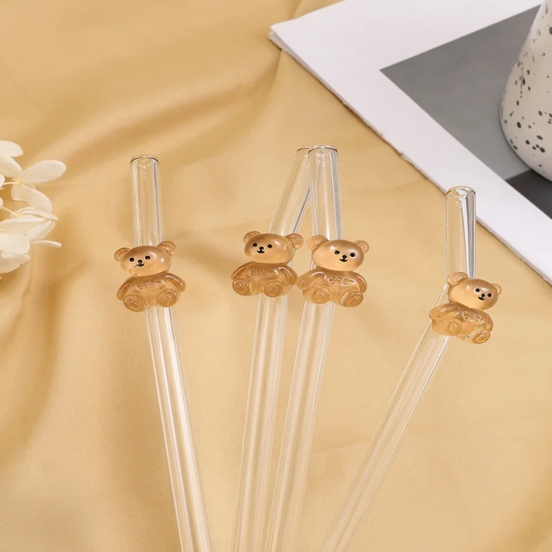 3/5PCS Brown Bear Glass Straw. Adorable Curved Reusable Straw for Iced Coffee, Milk Tea & Juice. Perfect Party Accessory