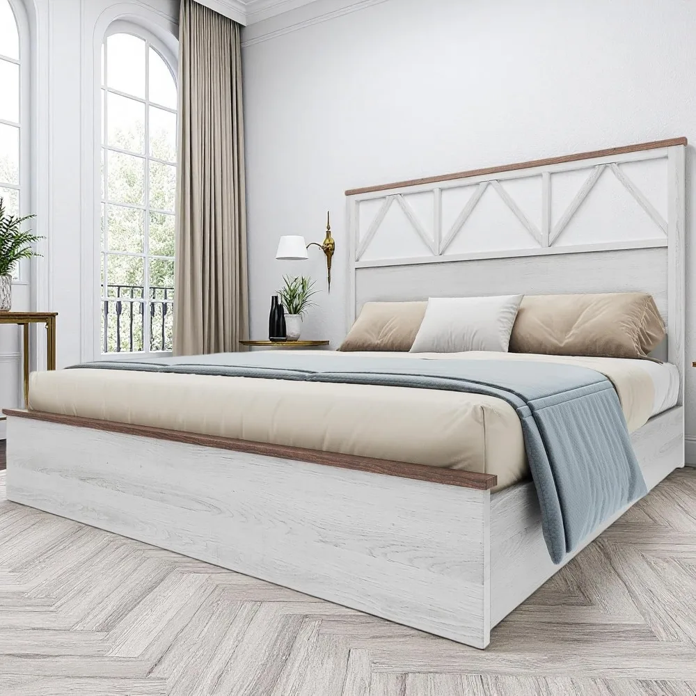 YITAHOME Estructura de cama tamaño Queen de granja con cabecero de 47,2 pulgadas, plataforma, estructura de cama de madera rústica con listones, resistente y silenciosa,