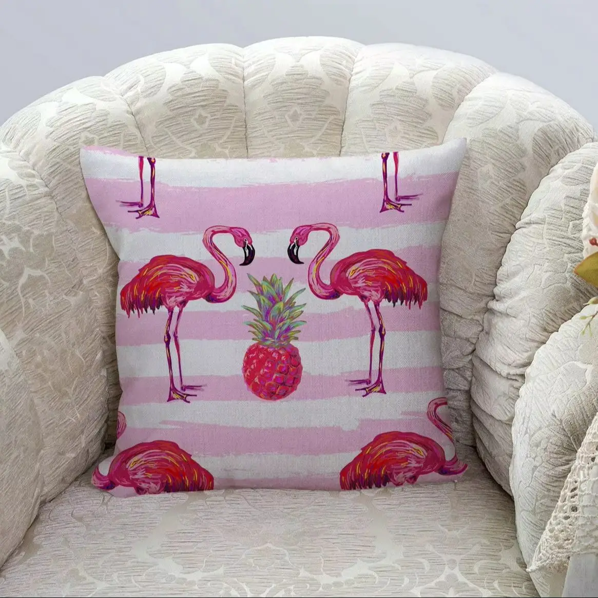 Tropical Pink Flamingo & Pineapple Cushion Cover, Striped Bohemian Summer Throw Pillow Case for Home Decor (No Insert)