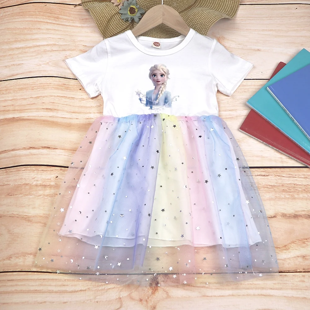 

2025 New Girls Dress Summer Kids Clothes Children Frozen Elsa Princess Baby Girl Short Sleeve Cute Party Dresses Rainbow 2-8Y