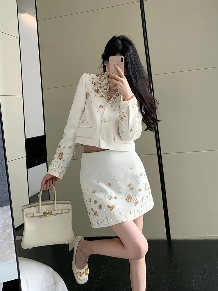 TWOTWINSTYLE Solid Patchwork Diamonds Two Piece Set For Women Notched Long Sleeve Top High Waist Skirt Temperament Sets Female