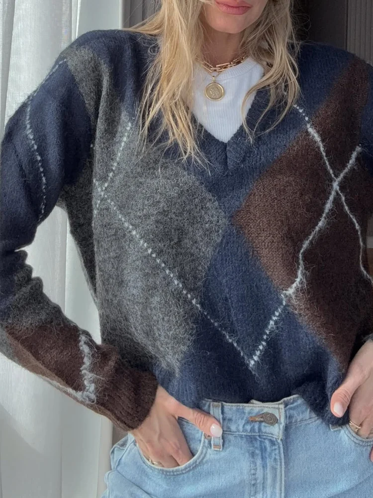 Свитер с ромбовидной сеткой, женский модный свободный лоскутный пуловер с v-образным вырезом и длинными рукавами, женский повседневный осенне-зимний верхняя одежда