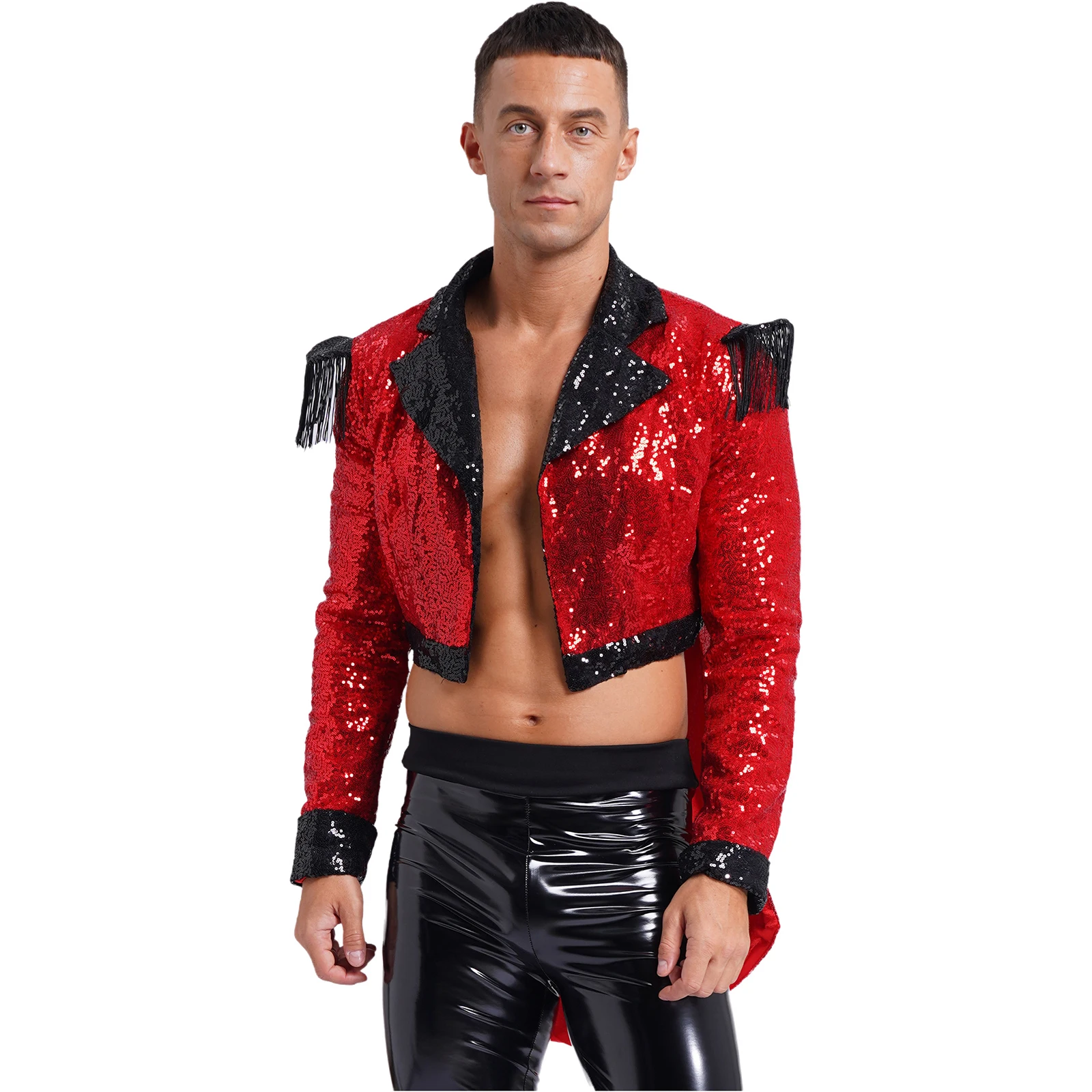 Men's Sparkly Sequin Circus Ringmaster Jacket Tuxedo Magician Costume Rave Party Halloween Showman Swallow-Tailed Blazer Coat