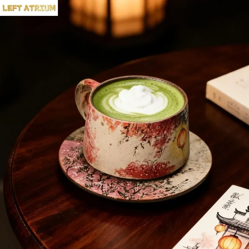 Large Capacity Coffee Cup with Saucer Hand-painted Red Lantern Household Spring Festival New Year Personal Cup