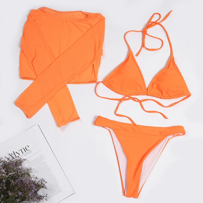 2024 neue 3 Stück Set Badeanzug Frauen Tanga Bade bekleidung weibliche sexy Micro Bikini Set mit Langarm schwarzen Beach wear Badeanzug