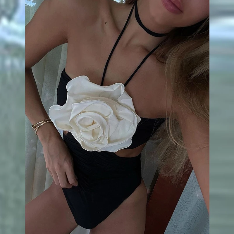 

Женский цельный купальник с завязками на спине, черный купальный костюм с вырезами, пляжный купальник, сексуальное украшение в виде розы, пляжный купальник 2025