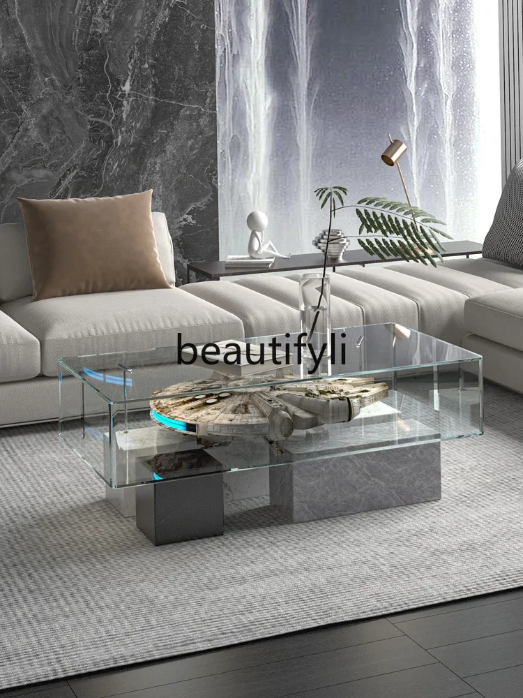 35Glass coffee table small apartment, marble, Lego figure with spotlight display cabinet