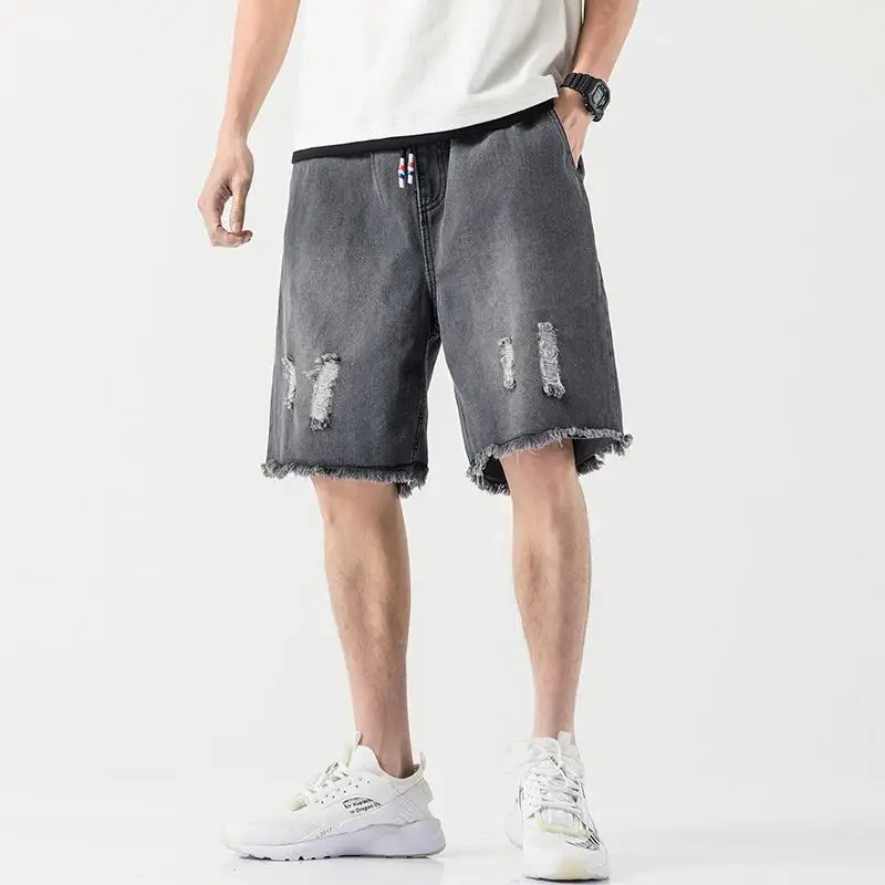 Men's Summer Denim Shorts Slim Fit Straight Leg Cargo Shorts Vintage Washed Casual Workwear 5 Inch Inseam Streetwear