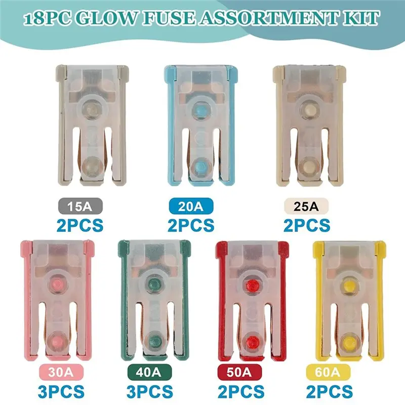A60zautootive Shaped Fuse Kit 18Pcs Mini Slotted 15A-60A 32V Car Fuses Replacement Assortmentmay