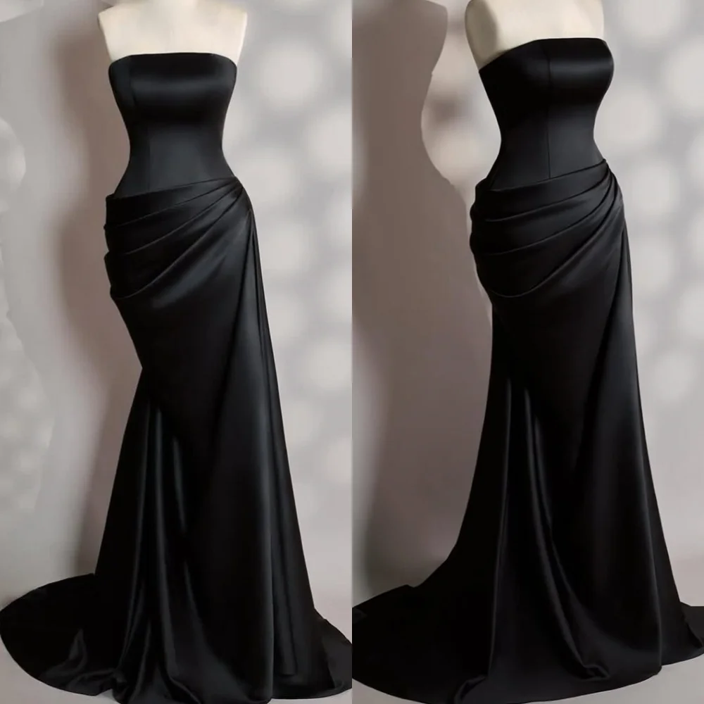 فستان سهرة من الساتان الأسود بمزاج مخصص عالي الجودة بدون حمالات بدون أكمام وسحاب خلفي حورية البحر فساتين مناسبة خاصة