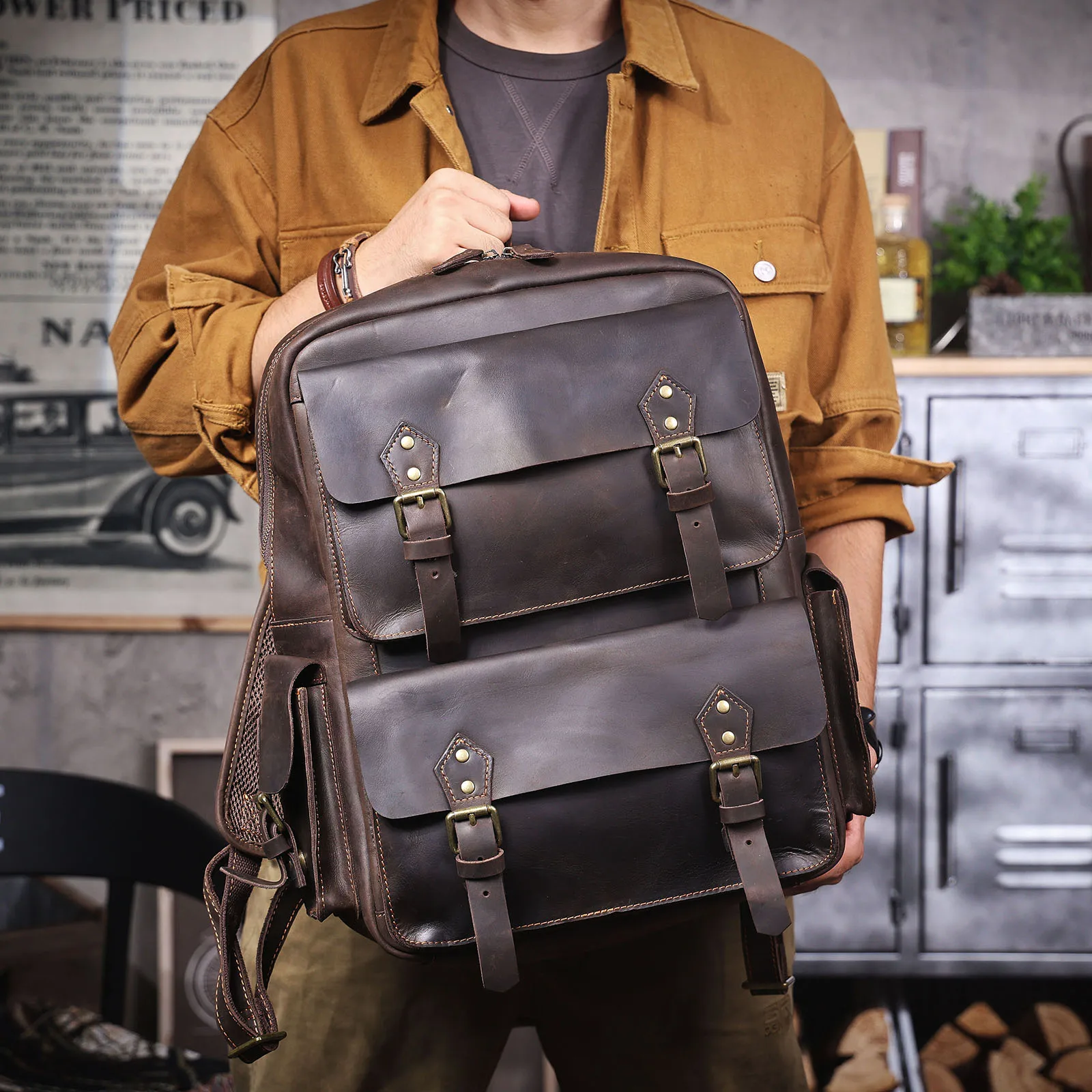 S.WORKER Vintage Echtleder-Rucksack für Herren, Große Laptop-Schultertasche aus Rindsleder, Klassische Vintage Crazy Horse Schultasche für Reisen – Detail 6