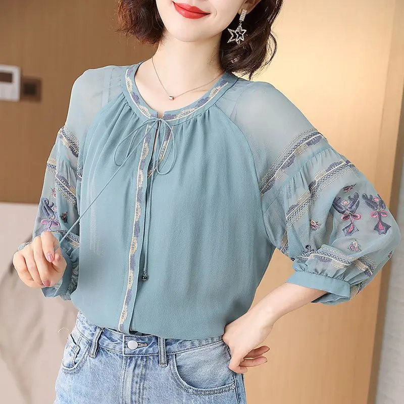Spring and Autumn Women's Pullover Round Neck Lace Up Embroidery Solid Color Lantern 3/4 Sleeve Chiffon Tee T-shirt Tops