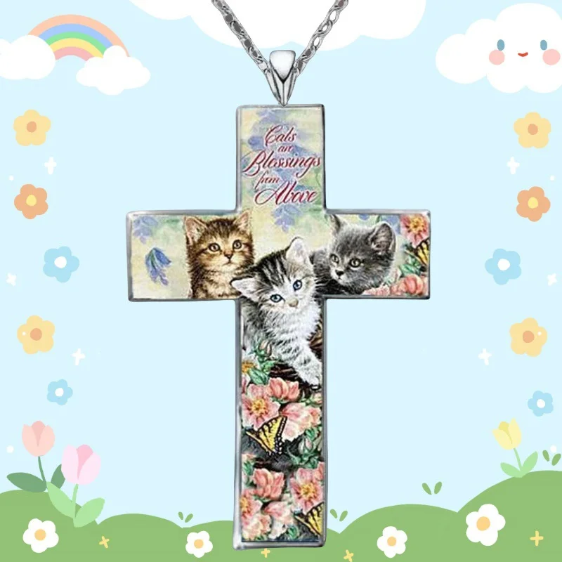 Cartoon Painted Cat Cross Pendant Necklace For Women Lady Animated Cute Stainless Steel Animal Necklace Casual Jewelry Accessory