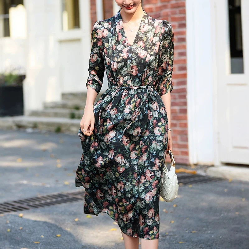 New Elegant Chic Women's Floral Print Dress 2026 Summer 100% Real Silk Dresses for Women V-neck Vintage Woman Long Dress