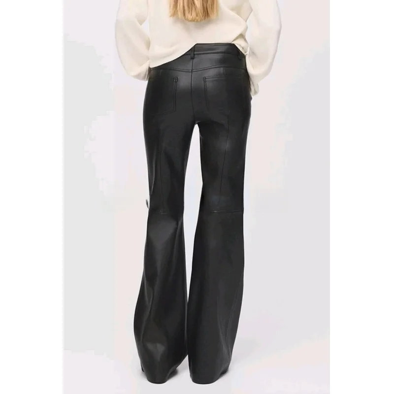 Automne Faion femmes en cuir PU ceinturé évasé jambe allongeant Sexy minceur décontracté en cuir pantalon Long pantalon en Fiber de Polyester
