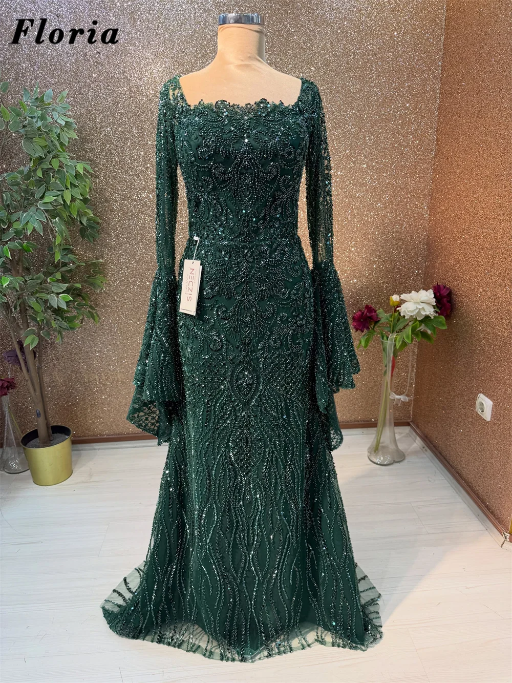 Muslim Green Beaded Prom Dress Puffy Long Sleeves Special Crystals Evening Dress With Detachable Skirt Customized Party Gowns