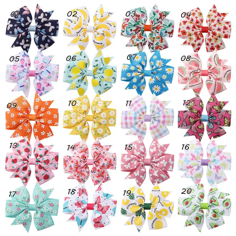 60pc/lot New 3inch Daisy Floral Print Bow Hair Clips Baby Girls Animal Fruit Printed Ribbon Bow Hairpins Kids Barrettes Headwear