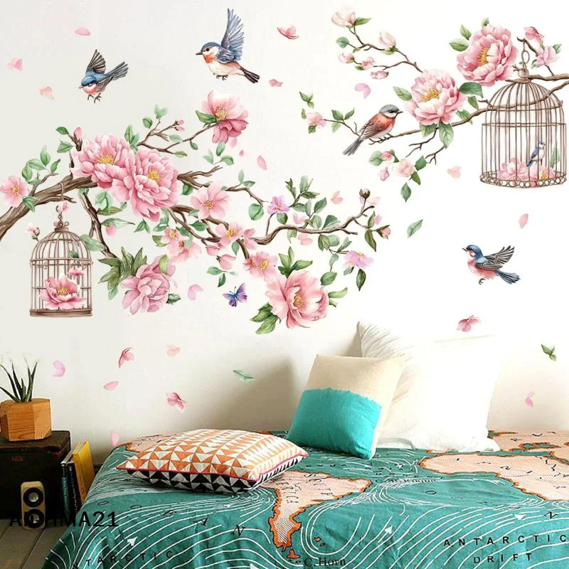 【H】Creative Tree Branch, Bird, And Peach Blossom Wall Stickers For Living Room And Bedroom Decoration