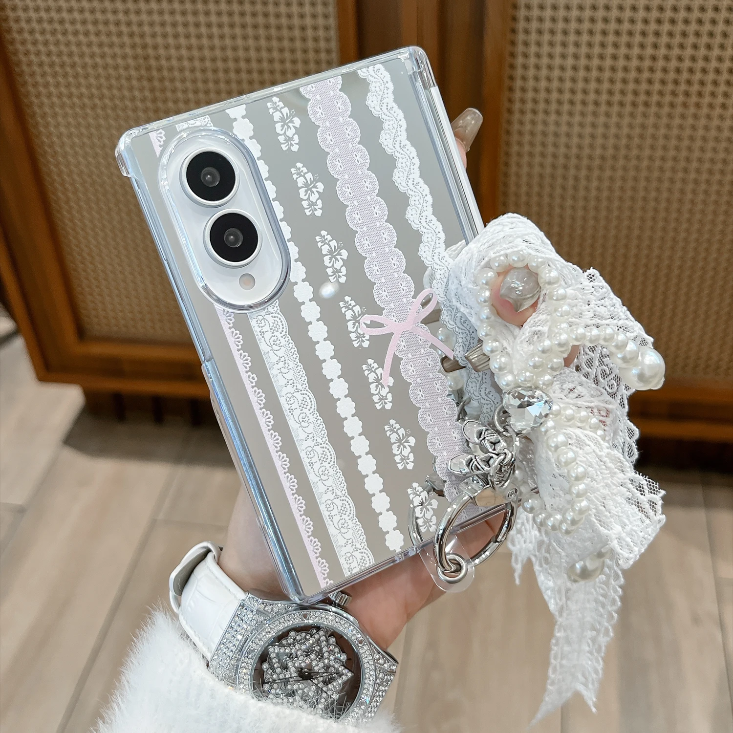 Double Mid-axis Mirror Bow Lace Phone Case for Samsung Galaxy Z Fold 8 Fold 8 Wide Portable Fashion Shockproof Slim Fit Cover