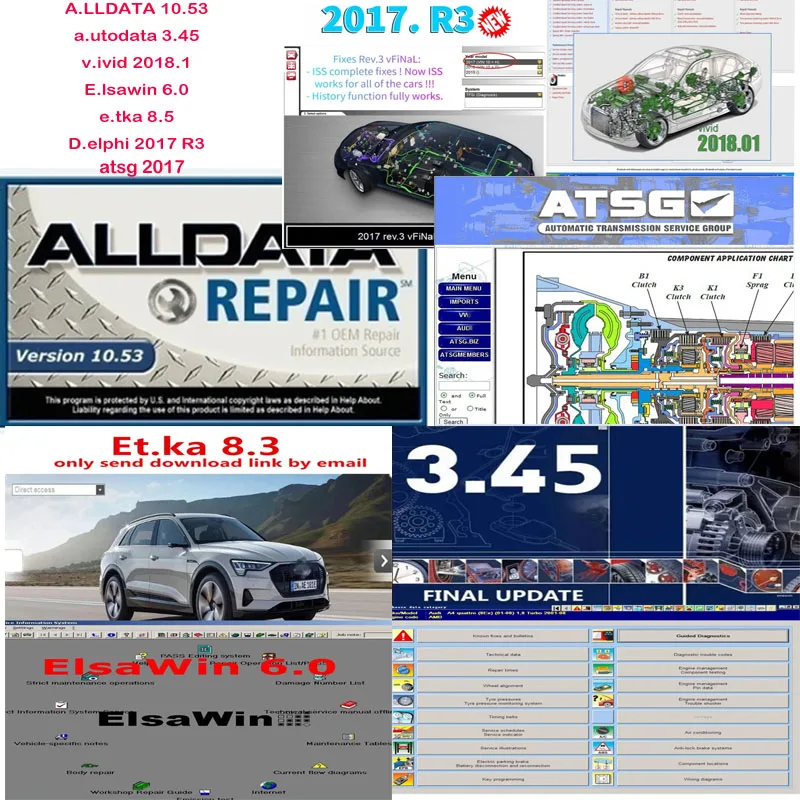 2024 Hot Alldata 10.53 جميع البيانات برنامج إصلاح السيارات 3.45 2018.1 بيانات ورشة عمل حية ATSG 2017 ELSAWIN 6.0 ETKA8.3 تركيب