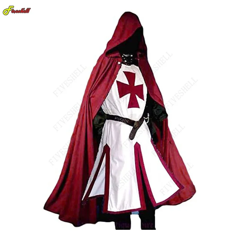 Mens Medieval Crusader Knights Templar Tunic Costumes Renaissance Halloween Surcoat Warrior Black Plague Cloak Cosplay Top PA250