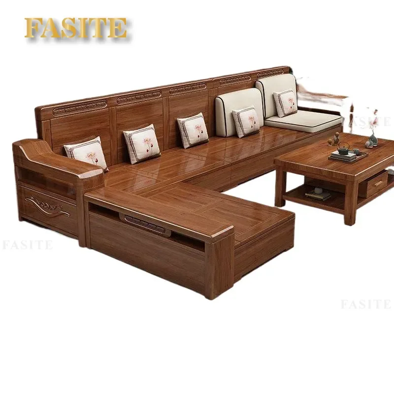For Living Room Walnut Gold Silk Solid Wood Sofa Carved Design Dual Purpose Winter Summer Small Apartment Furniture
