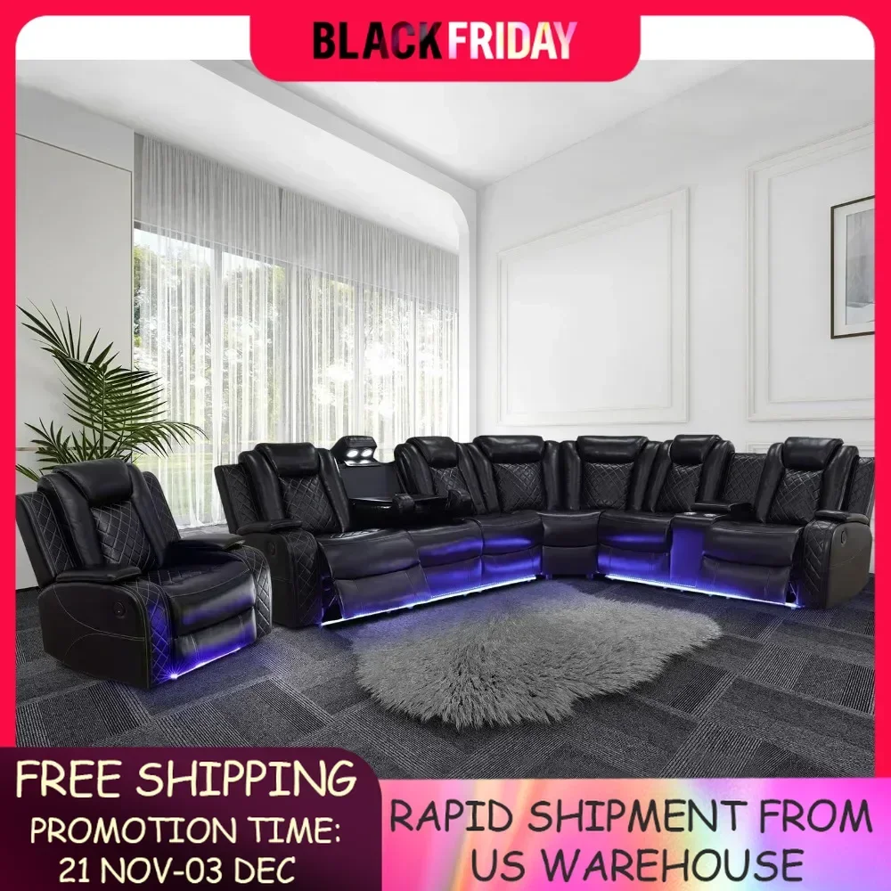 

Power Recliner Sofa Sectional Couches with LED Light for Living Room,Leather Reclining Corner Sectional Sofa Set with 3Recliner