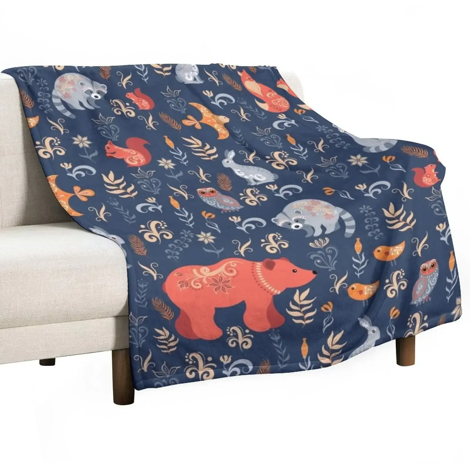 

Fairy-tale forest. Fox, bear, raccoon, owls, rabbits, flowers and herbs on a blue background. Throw Blanket Soft Cute Blankets