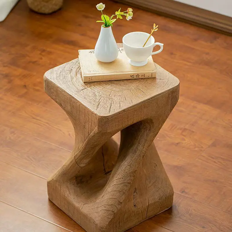 Solid Wood Twisted Side Table Hand Carved Natural Wood Accent Stool for Living Room Bedroom and Home Decor