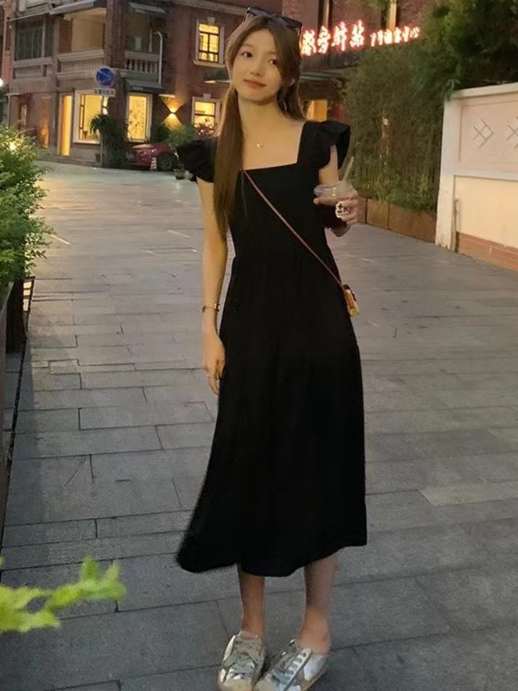 Black Square Collar Midi Dresses for Women Mori Girl Style Minimalist Chic Summer Fashion Flying Sleeve Temperament College Ins