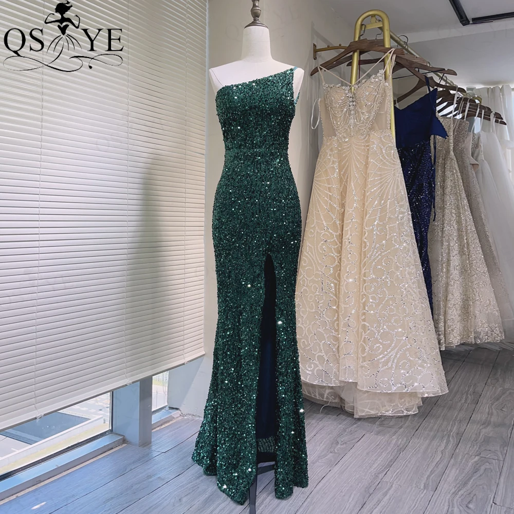 One Strap Green Evening Dresses Mermaid Sequin Prom Gown with Slit Glitter Lace Long Formal Party Women Fashion Prom Dress